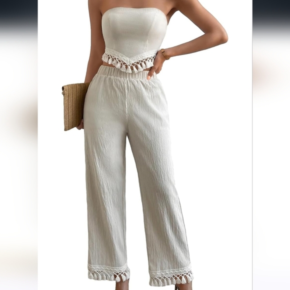Boutique Bohemian Fringe Hem Tassle Trim Linen Crop Top and Pants Set - Picture 3 of 5